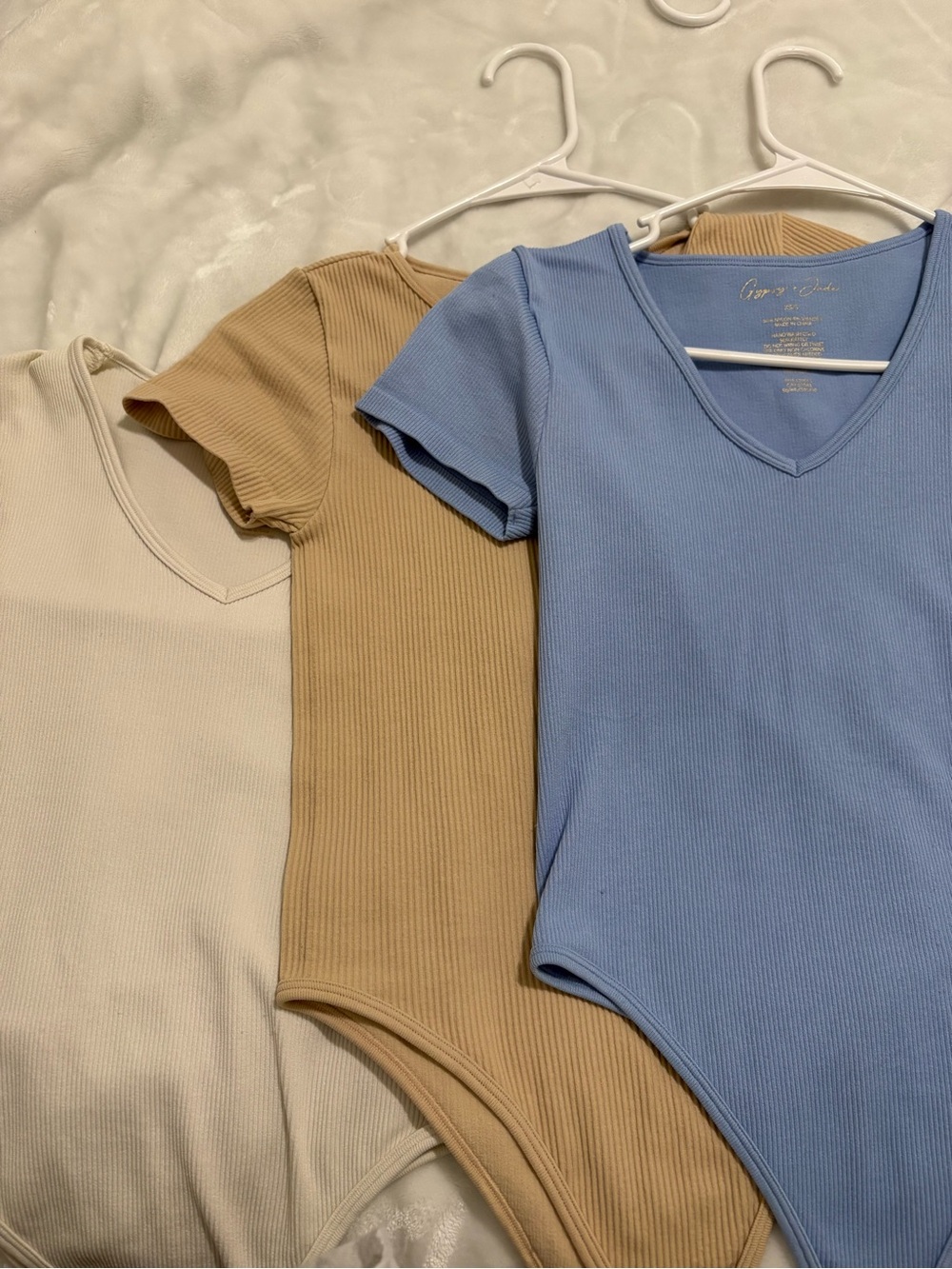 Ribbed V-Neck Bodysuit Trio - Blue, Camel, Cream